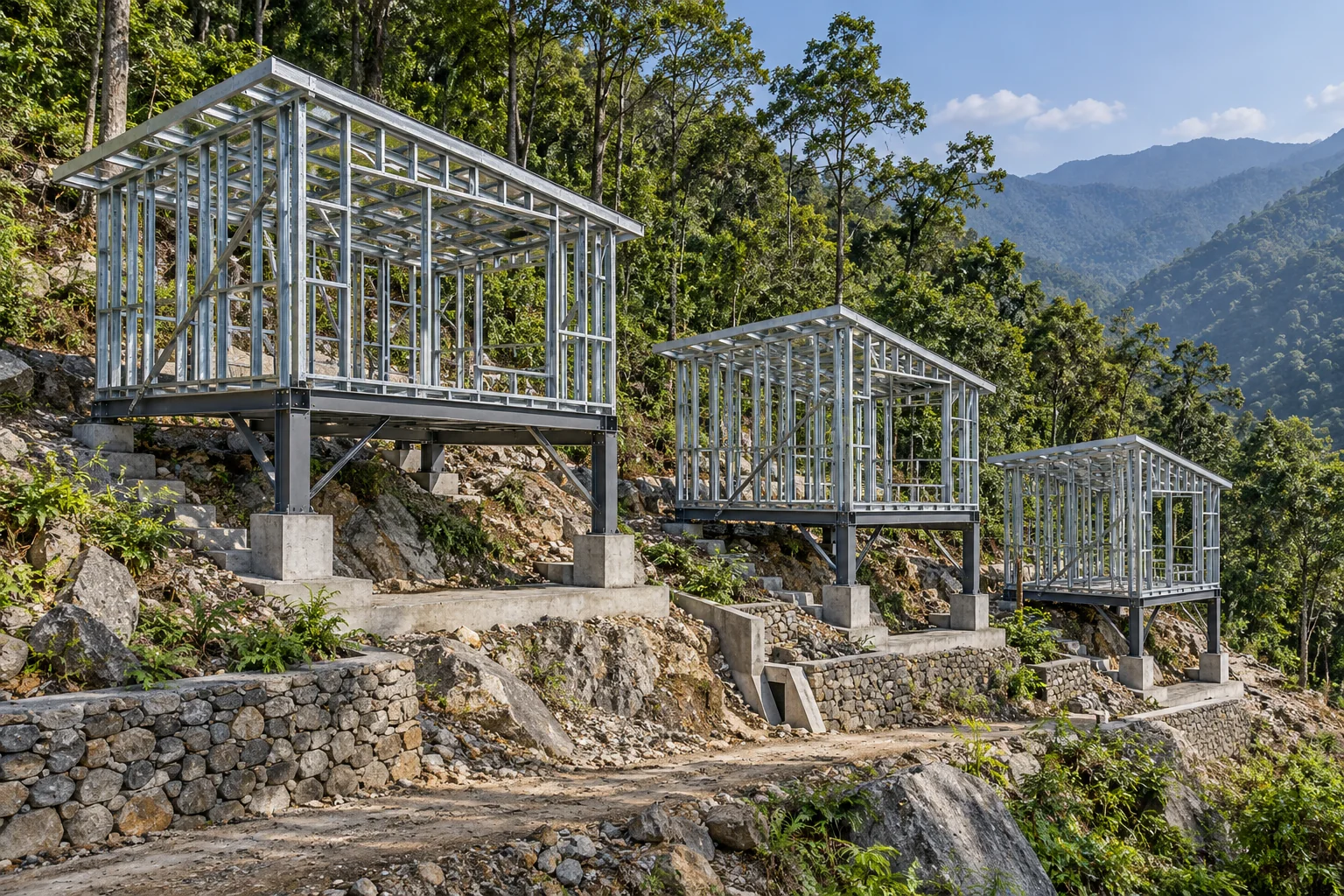 Lightweight steel cottage frame design visualization stepping down a hillside
