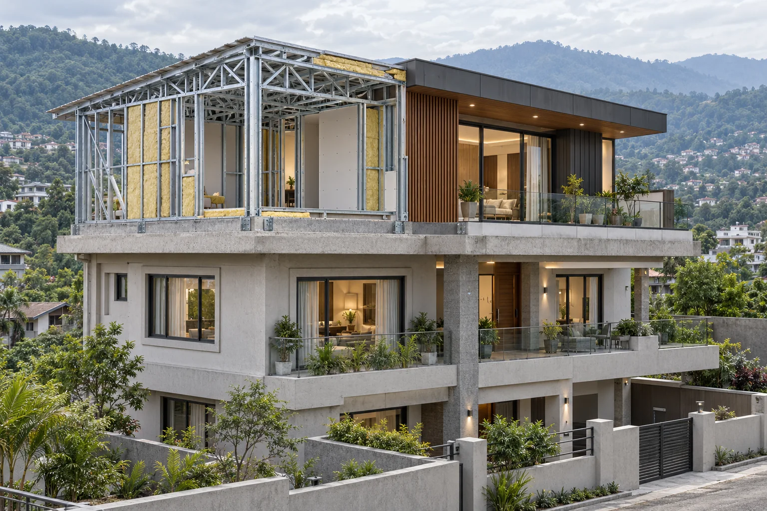 Photorealistic cutaway of an LGSF rooftop extension above an existing concrete villa