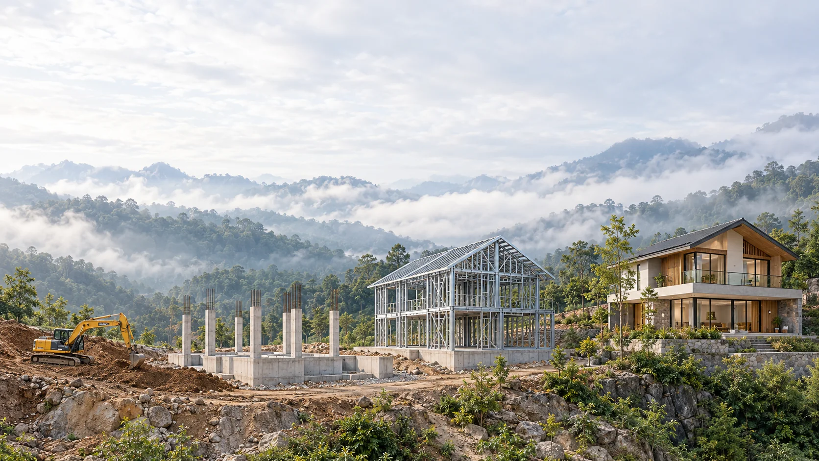 A project progressing from site preparation to a finished hillside villa