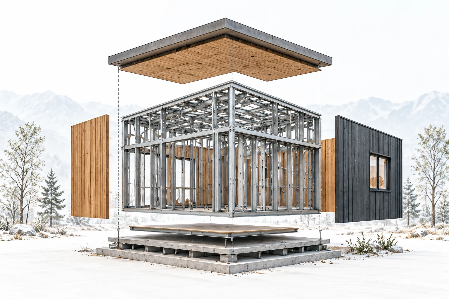 Exploded LGSF building system showing roof, steel frame, wall panels, floor and foundation